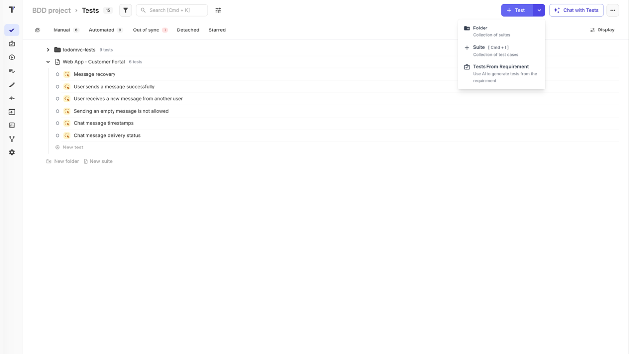 Tests page with folder structure